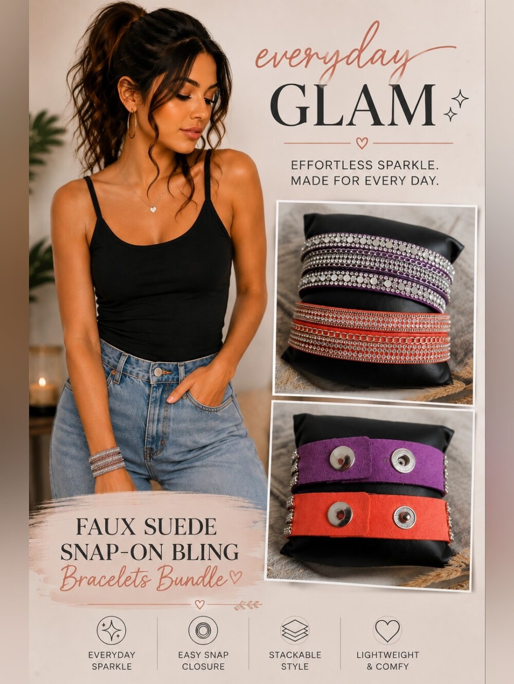 Faux Suede Snap-On Bling Bracelet Bundle | Purple & Orange Rhinestone